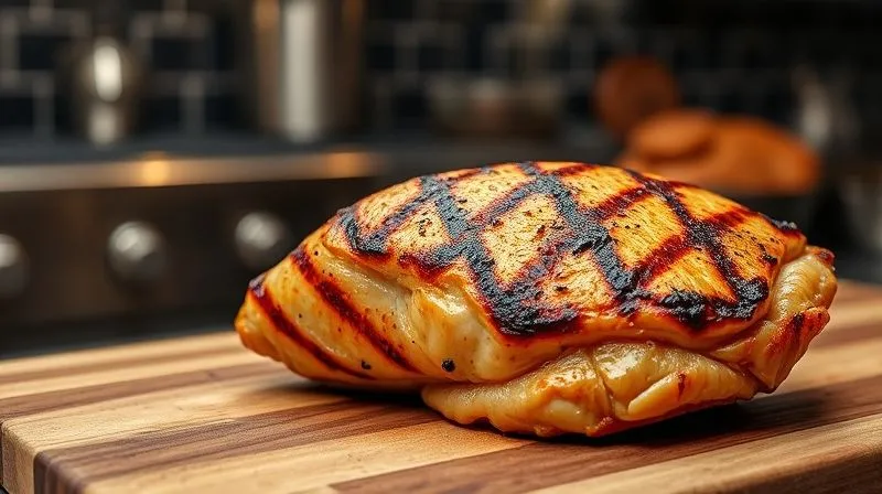 A professional photography shot from a slightly elevated angle, showing a thick, perfectly grilled chicken breast with distinct char marks, resting on a rustic wooden cutting board. The chicken is visibly juicy and tender, with a hint of steam. In the blurred background, there's a modern kitchen or outdoor grill setting, with cinematic lighting. Photorealistic, 8K, sharp focus on the chicken, depth of field, shot on a high-end DSLR.