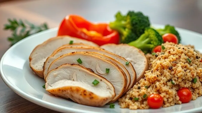 A beautifully plated, professional photography shot of a healthy and vibrant diet dinner. A perfectly cooked, juicy chicken breast is sliced and arranged next to a colorful medley of roasted vegetables (broccoli florets, red bell peppers, cherry tomatoes) and a portion of quinoa. The dish is garnished with fresh herbs. The background is a blurred, inviting dining setting, with soft, natural light. Photorealistic, 8K, sharp focus, depth of field, shot on a high-end DSLR.