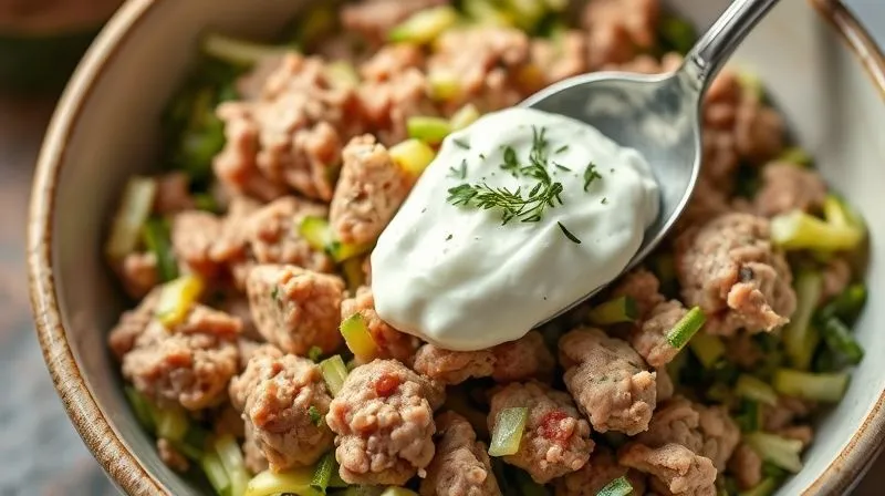 Close-up photorealistic image of a bowl of ground turkey meat mixed with finely grated zucchini and a spoonful of Greek yogurt, with herbs visible, cinematic lighting, sharp focus, depth of field, 8K, professional photography, shot on a high-end DSLR.