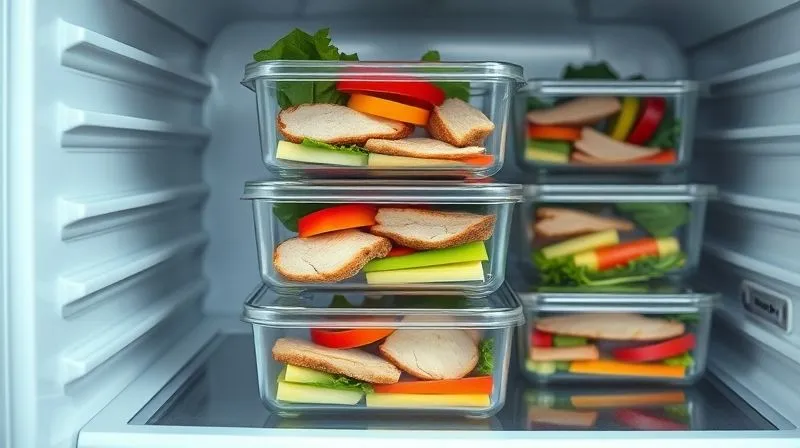 Photorealistic image of multiple clear glass lunchboxes, each containing perfectly portioned, juicy turkey cutlets alongside colorful, fresh vegetables, neatly stacked in a modern, minimalist refrigerator. Soft, ambient light, sharp focus on the lunchboxes, depth of field, 8K, professional photography, shot on a high-end DSLR.