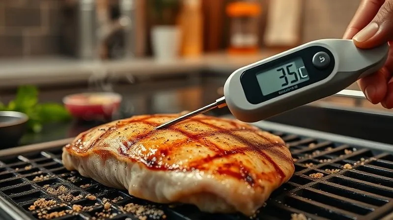 Photorealistic image of a professional digital meat thermometer being inserted into a golden-brown turkey cutlet on a grilling pan, steam gently rising. The thermometer display shows a precise temperature reading. Cinematic lighting, sharp focus on the thermometer and meat, depth of field blurring the kitchen background. 8K hyper-detailed, shot on a high-end DSLR.