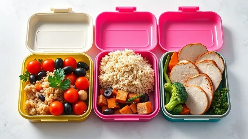 Photorealistic, professional photography of three distinct, vibrant lunchboxes, each showcasing a different healthy meal composition with juicy turkey cutlets as the centerpiece. One lunchbox features a Mediterranean theme, another an Asian theme, and the third a classic fitness theme. All are neatly arranged, brightly colored, with cinematic lighting, sharp focus on the food, depth of field blurring the background slightly. 8K hyper-detailed, shot on a high-end DSLR, conveying health, variety, and deliciousness.
