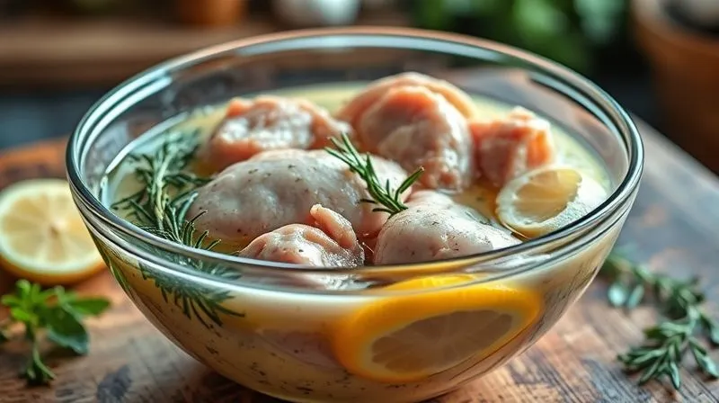 A professional, photorealistic image of turkey fillets marinating in a glass bowl filled with a vibrant, herb-infused yogurt marinade. Fresh herbs like rosemary and thyme are visible, alongside garlic cloves and lemon slices. The bowl is on a rustic wooden table in a well-lit kitchen, with soft, natural light, sharp focus on the marinating meat, depth of field blurring the background, 8K, cinematic lighting.
