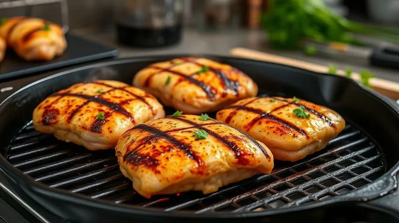 A vibrant, photorealistic image of turkey fillets being grilled on a hot, cast-iron grill pan, showing clear grill marks. Steam is gently rising, and the fillets are golden-brown and juicy. A sprinkle of fresh herbs (e.g., parsley) is visible. The background is a slightly blurred, clean kitchen setting with a focus on fresh ingredients. Professional photography, cinematic lighting, 8K, sharp focus.