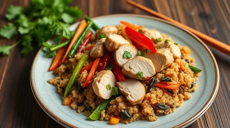 A beautifully plated, professional photography image of a healthy and creative turkey dish. For example, a colorful Asian-style turkey stir-fry with vibrant vegetables and brown rice, or a gourmet grilled turkey salad with quinoa. The emphasis is on freshness, appealing presentation, and low-calorie ingredients. Cinematic lighting, sharp focus, 8K, shot on a high-end DSLR, inviting and inspiring.