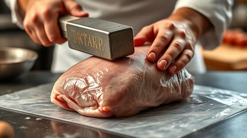 Photorealistic image of raw turkey breast being gently pounded with a meat mallet between two sheets of cling film, ensuring even thickness. A chef's hands are visible, sharp focus on the meat, kitchen counter background, cinematic lighting, 8K, shot on a high-end DSLR.