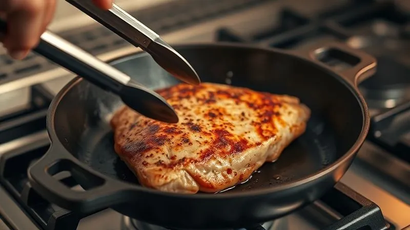 Photorealistic image of a perfectly cooked, golden-brown turkey cutlet, still slightly steaming, being removed from a hot cast iron pan with tongs. The pan is on a gas stove with cinematic lighting. Sharp focus on the cutlet, depth of field blurring the background. 8K, shot on a high-end DSLR.