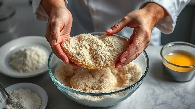 Photorealistic image of a chef's hands carefully breading a turkey cutlet with panko breadcrumbs, over a bowl. A plate of flour and a bowl of beaten egg are nearby. Kitchen counter background with cinematic lighting, sharp focus on the breading process, 8K, shot on a high-end DSLR.