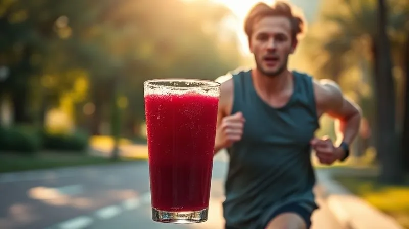 Photorealistic, professional photography, 8K, cinematic lighting, sharp focus, depth of field, shot on a high-end DSLR. A dynamic, vibrant image of a person mid-run, full of energy, with a subtle glow around them. In the foreground, a glass of deep red beetroot juice with condensation, suggesting coolness and freshness. The background shows a blurred, sunlit park trail, conveying health, activity, and natural energy. The runner's expression is focused and determined, illustrating enhanced performance.