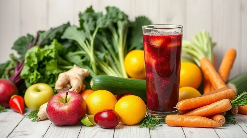 Photorealistic, professional photography, 8K, cinematic lighting, sharp focus, depth of field, shot on a high-end DSLR. A beautifully arranged tableau of various fresh, colorful vegetables and fruits on a light wooden background. Include vibrant beetroots, crisp green apples, a knob of ginger, bright yellow lemons, a refreshing cucumber, and orange carrots. A glass of rich, mixed juice stands prominently, reflecting the ingredients. The composition is clean, natural, and inviting, emphasizing healthy ingredients and creative juice combinations.