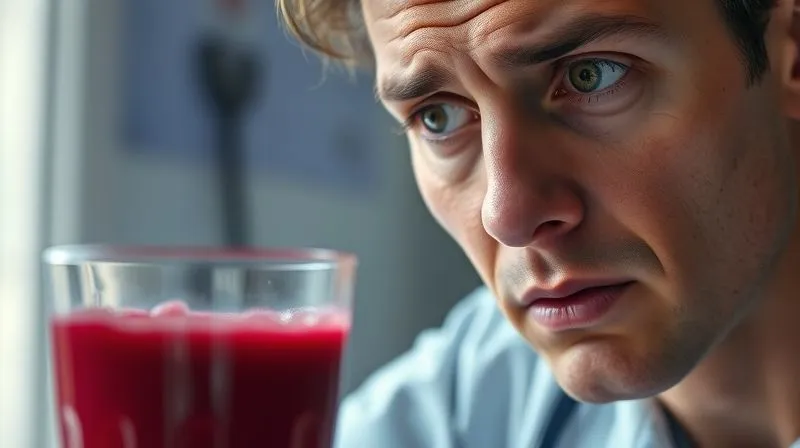 Photorealistic, professional photography, 8K, cinematic lighting, sharp focus, depth of field, shot on a high-end DSLR. A thoughtful, close-up shot of a person looking at a glass of beetroot juice with a slightly concerned but curious expression. In the background, a subtle blur of medical notes or a doctor's office, suggesting a need for caution or consultation. The lighting is soft and natural, emphasizing the seriousness of health considerations. The overall mood is informative and cautionary, highlighting the importance of understanding potential interactions.