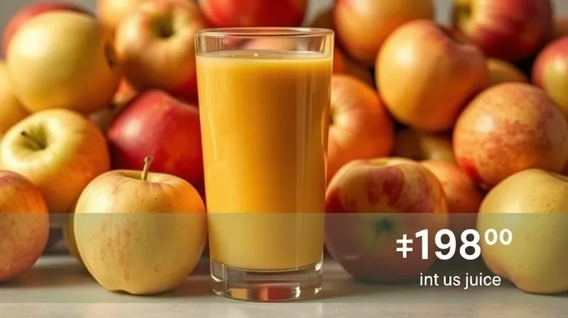 Photorealistic image of a glass of apple juice next to a pile of whole apples, with a subtle graphic overlay showing the amount of sugar in the juice vs. the fiber in the apples. Cinematic lighting, sharp focus, 8K.