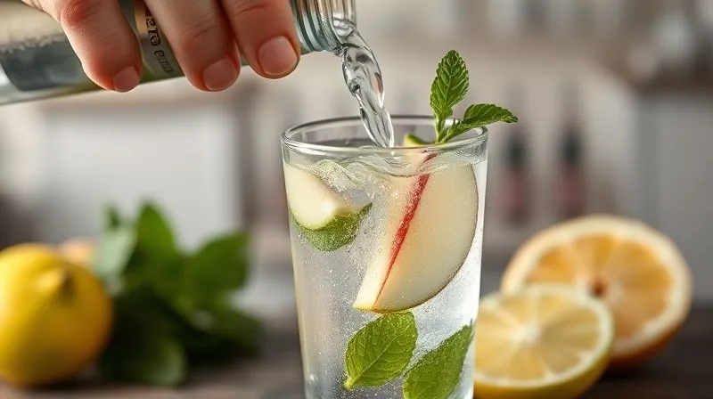 Photorealistic close-up of a hand pouring sparkling water into a glass of apple juice, with fresh mint and lime slices on the side. Soft, natural light, depth of field, 8K.