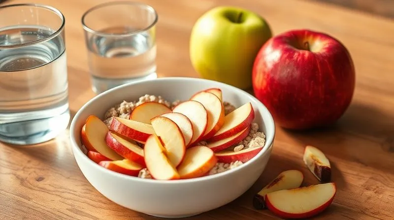 Photorealistic image of a vibrant, healthy breakfast spread featuring a bowl of oatmeal with sliced apples, a glass of water, and a whole apple on a wooden table. Warm, inviting light, 8K.