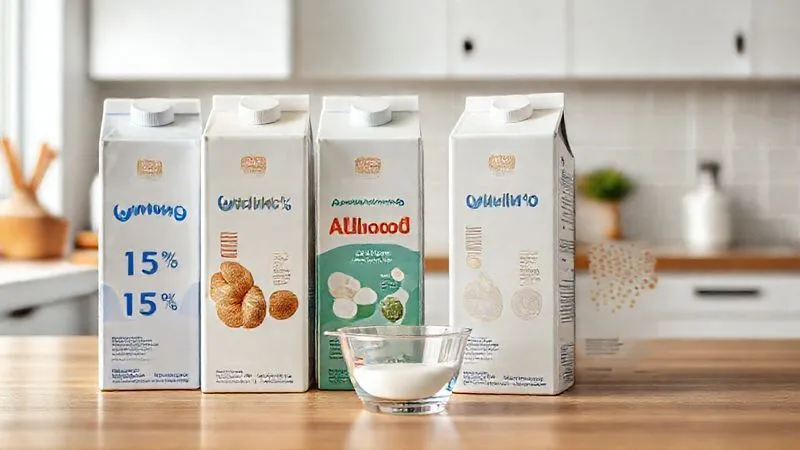 photorealistic, professional photography, 8K, cinematic lighting, sharp focus, depth of field, shot on a high-end DSLR, a variety of milk cartons (cow's milk 1.5%, unsweetened almond milk, unsweetened oat milk) neatly arranged on a minimalist kitchen counter, with a small measuring cup in front, emphasizing choice and portion control in a healthy lifestyle context.