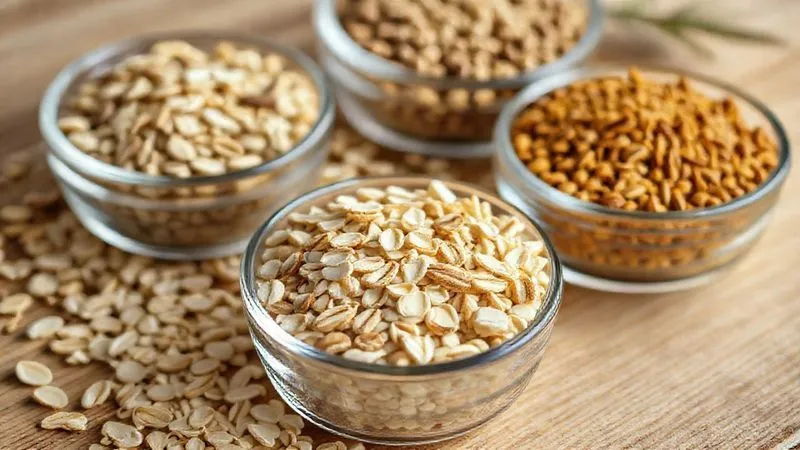 photorealistic, professional photography, 8K, cinematic lighting, sharp focus, depth of field, shot on a high-end DSLR, a close-up of various types of dry grains (oats, millet, buckwheat) in small, clear glass bowls, arranged on a natural wooden surface. The focus is on the texture and natural beauty of the grains, with soft, warm lighting.