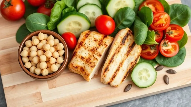 A vibrant, professional photography shot of various fresh, colorful salad ingredients neatly arranged on a light wooden cutting board. Chickpeas are in a small bowl, alongside sliced avocado, grilled chicken breast, spinach leaves, cherry tomatoes, cucumber slices, and a sprinkle of pumpkin seeds. The scene features natural, soft cinematic lighting, sharp focus on the ingredients, and a gentle depth of field, 8K, shot on a high-end DSLR.