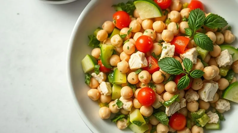 A close-up, top-down photorealistic shot of a vibrant, freshly prepared chickpea salad in a modern white bowl, garnished with fresh herbs and a drizzle of olive oil. The salad is rich in color with visible chickpeas, diced chicken, avocado, tomatoes, cucumber, and bell peppers. The setting is clean and minimalist with soft, natural cinematic lighting, sharp focus on the salad, and a shallow depth of field, 8K, shot on a high-end DSLR.
