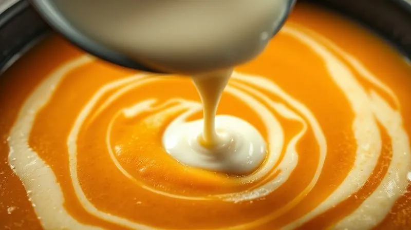 A close-up, photorealistic image of a ladle pouring thick, heavy cream into a rich, orange pumpkin soup, creating a swirling pattern. The lighting is cinematic, highlighting the creamy texture, but the overall feeling should imply indulgence that might be unhealthy. 8K, shot on a high-end DSLR.