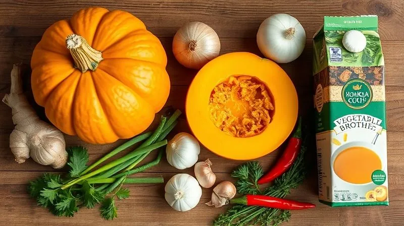 A top-down, photorealistic image of all the fresh ingredients for a healthy pumpkin soup laid out on a rustic wooden table: a whole hokkaido pumpkin, ginger, garlic, onions, chili, fresh herbs, and a carton of vegetable broth. Cinematic lighting, sharp focus, 8K.