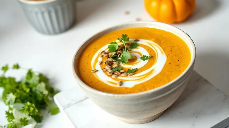 A beautifully styled, photorealistic image of a bowl of healthy pumpkin cream soup, garnished with toasted pumpkin seeds, fresh cilantro, and a swirl of light coconut milk (or a plant-based alternative). The background is a clean, minimalist kitchen setting with soft, natural light, emphasizing freshness and health. 8K, professional food photography.