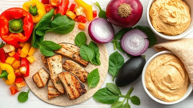 A flat lay photorealistic image of various fresh ingredients for a healthy tortilla wrap: grilled chicken breast strips, colorful bell peppers (red, yellow, green) diced, fresh spinach leaves, sliced red onion, a ripe avocado, a bowl of hummus, and a whole-wheat tortilla. All ingredients are neatly arranged on a light wooden background, emphasizing freshness and vibrant colors. Professional photography, 8K, cinematic lighting, sharp focus, depth of field, shot on a high-end DSLR.