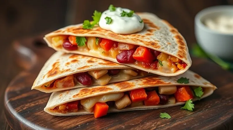 A close-up, photorealistic shot of a vibrant, healthy whole-wheat quesadilla, cut into triangles and stacked, revealing a rich filling of red beans, bell peppers, and melted light cheese. A dollop of Greek yogurt and fresh cilantro garnish the top. The quesadillas are placed on a dark, rustic wooden board. Professional photography, 8K, cinematic lighting, sharp focus on the filling, depth of field blurring the background, shot on a high-end DSLR.
