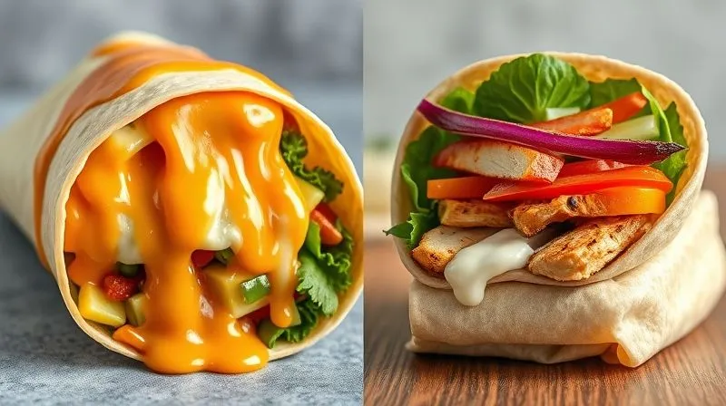 A side-by-side comparison, photorealistic image. On the left: an unhealthy, oversized tortilla wrap dripping with creamy, high-fat sauce and excessive cheese, looking greasy and heavy. On the right: a lean, vibrant whole-wheat tortilla wrap, neatly rolled, filled with grilled chicken, fresh colorful vegetables, and a light, healthy yogurt-based sauce, looking fresh and appealing. Cinematic lighting, sharp focus on both wraps, depth of field blurring a neutral background, 8K, professional photography, shot on a high-end DSLR.