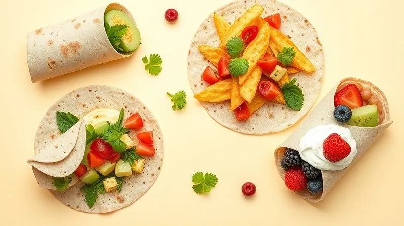 A beautifully arranged photorealistic flat lay of various healthy whole-wheat tortilla creations for different meals: a breakfast wrap with scrambled eggs and spinach, crispy tortilla chips with fresh salsa, and a sweet tortilla roll with berries and Greek yogurt. All presented on a bright, minimalist background, emphasizing variety and healthy eating. Professional photography, 8K, cinematic lighting, sharp focus, depth of field, shot on a high-end DSLR.