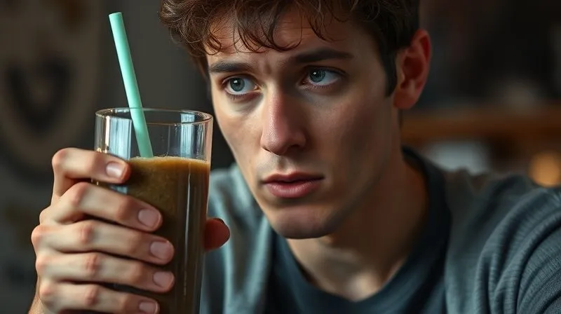 Photorealistic image of a person looking disappointed after drinking a thin, watery smoothie, while their stomach rumbles, cinematic lighting, sharp focus, 8K hyper-detailed.