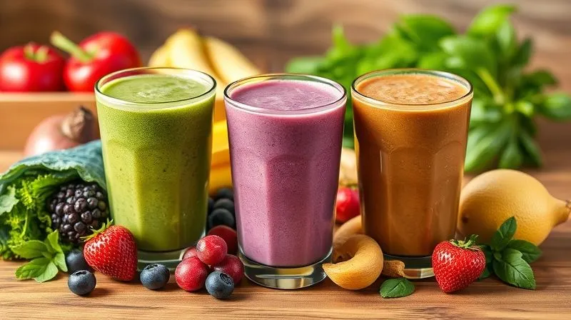 Photorealistic image of three different vibrant smoothies, one green, one purple, and one brown, artfully arranged on a wooden table, surrounded by their fresh ingredients. Each smoothie looks rich and inviting. Professional studio lighting, sharp focus on the drinks, 8K hyper-detailed.