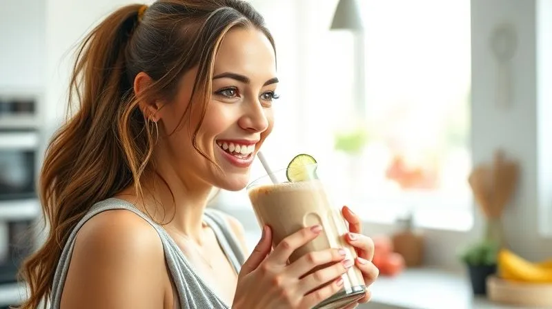 Photorealistic image of a woman happily drinking a thick, creamy smoothie, looking energetic and satisfied, in a bright, modern kitchen. Cinematic lighting, sharp focus on her joyful expression, depth of field, 8K hyper-detailed.