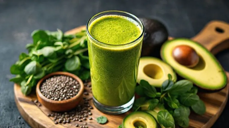 photorealistic image of a vibrant protein smoothie in a glass, surrounded by ingredients like chia seeds, flax seeds, a handful of spinach, and a sliced avocado, all beautifully arranged on a wooden board, with cinematic lighting and sharp focus.