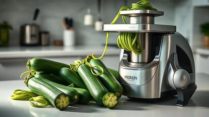 A professional photography, 8K, cinematic lighting, sharp focus, depth of field, shot on a high-end DSLR, of a selection of fresh, green zucchinis next to a modern, stainless steel spiralizer on a clean kitchen counter, with soft natural light illuminating the scene. The image should convey freshness and the ease of preparation.