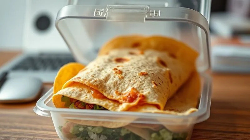 A close-up, photorealistic image of a soggy, sad-looking tortilla wrap in a plastic lunchbox, with condensation visible on the inside of the lid. The background is a blurred office desk. The image should evoke a sense of disappointment. Professional photography, 8K, cinematic lighting, sharp focus, depth of field, shot on a high-end DSLR.