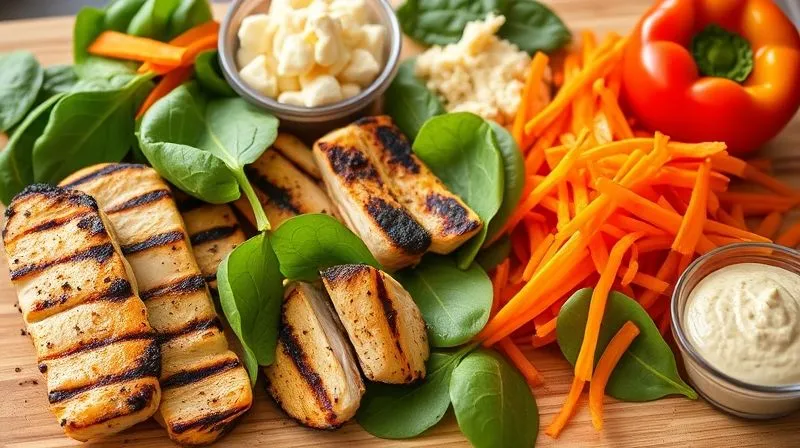 A photorealistic close-up of various fresh, low-moisture ingredients for a fit tortilla: grilled chicken strips, colorful bell pepper slices, shredded carrots, spinach leaves, and a small container of thick hummus. All are arranged neatly on a wooden cutting board with soft, natural light. Professional photography, 8K, cinematic lighting, sharp focus, depth of field, shot on a high-end DSLR.