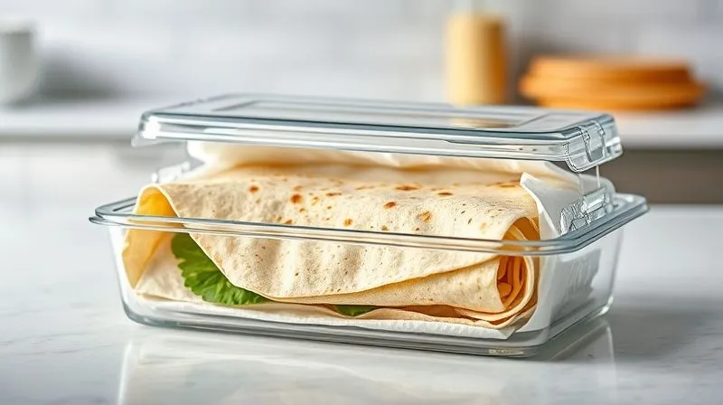 A photorealistic image showing a perfectly rolled fit tortilla, first wrapped in a paper towel, then further wrapped in aluminum foil, and finally placed inside a sleek, transparent glass lunchbox with a tight-fitting lid. The setting is a clean, modern kitchen counter. Professional photography, 8K, cinematic lighting, sharp focus, depth of field, shot on a high-end DSLR.