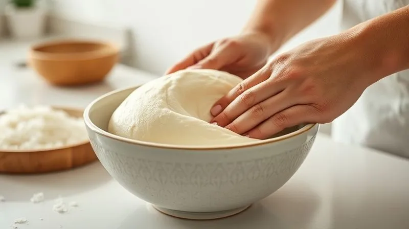 A close-up, photorealistic image of hands gently mixing white rice flour, water, and a pinch of xanthan gum in a ceramic bowl, creating a smooth, pliable dough. The kitchen counter is clean and bright, with soft, natural lighting, sharp focus on the hands and dough, depth of field blurring the background, 8K hyper-detailed.
