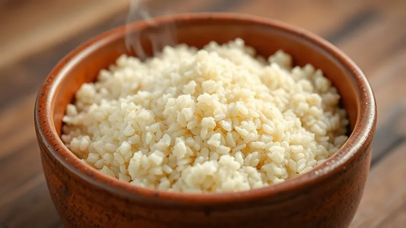 A close-up, photorealistic, professional photography, 8K, cinematic lighting, sharp focus, depth of field, shot on a high-end DSLR image of perfectly cooked, fluffy white quinoa in a rustic ceramic bowl, with individual grains visible, ready to be served. A delicate steam rises from the bowl, emphasizing freshness and warmth.