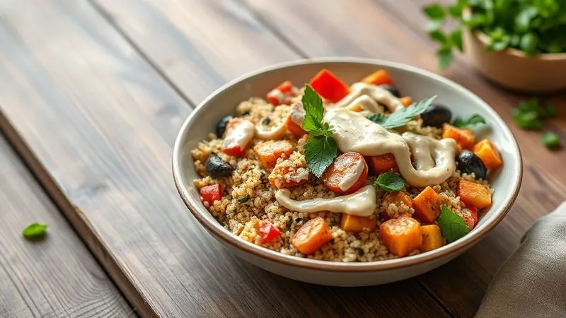A photorealistic, professional photography, 8K, cinematic lighting, sharp focus, depth of field, shot on a high-end DSLR image of a vibrant, healthy vegan quinoa bowl with roasted vegetables and a creamy tahini dressing, beautifully arranged on a light ceramic plate. The scene is set on a minimalist wooden table with soft, natural light, emphasizing freshness and an inviting, wholesome meal.