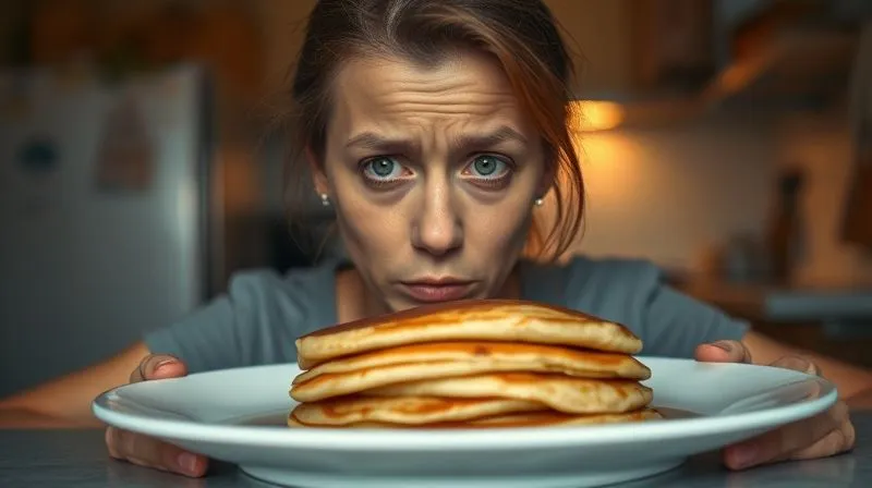 A sad, disappointed person looking at a plate of bland, thin, unappetizing vegan pancakes in a dimly lit kitchen, conveying a sense of diet fatigue. photorealistic, professional photography, 8K, cinematic lighting, sharp focus on the person's face, depth of field blurring the background, shot on a high-end DSLR.