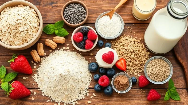 A vibrant, professional flat lay photograph of various healthy vegan ingredients artfully arranged on a rustic wooden table: oat flour, buckwheat flour, a scoop of plant-based protein powder, chia seeds, fresh berries, a bottle of plant-based milk, and natural sweeteners. The lighting is bright and natural, highlighting the textures and colors. photorealistic, professional photography, 8K, cinematic lighting, sharp focus on the ingredients, depth of field blurring the table edges, shot on a high-end DSLR.