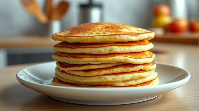 A stack of perfectly golden-brown, fluffy vegan low-calorie pancakes on a white ceramic plate, ready to be served. The pancakes are slightly steaming, indicating freshness. The background is a clean, bright kitchen counter with a subtle depth of field. photorealistic, professional photography, 8K, cinematic lighting, sharp focus on the pancakes, depth of field blurring the background, shot on a high-end DSLR.