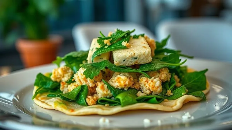 A beautifully plated savory vegan pancake filled with vibrant green spinach and crumbled tofu scramble, garnished with fresh herbs. The background is a clean, modern dining setting, suggesting a healthy and delicious meal. photorealistic, professional photography, 8K, cinematic lighting, sharp focus on the pancake, depth of field blurring the background, shot on a high-end DSLR.