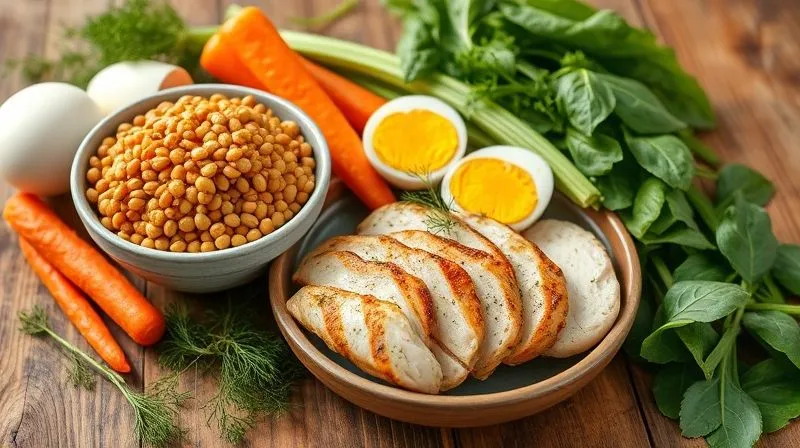 Photorealistic image of a rustic wooden table with a selection of high-protein and high-fiber ingredients: a bowl of cooked lentils, hard-boiled eggs, grilled chicken breast strips, fresh dill, carrots, celery, and spinach. Soft, natural light, sharp focus on the ingredients, depth of field blurring the background, 8K hyper-detailed.