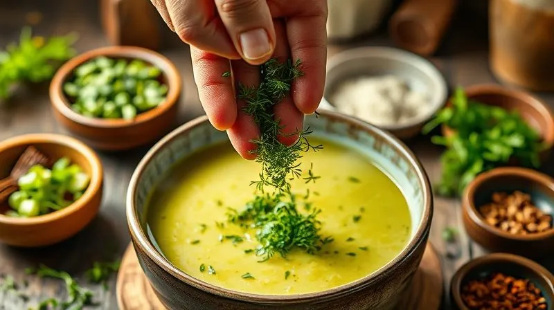 Photorealistic image of a chef's hands delicately sprinkling fresh, chopped dill and parsley over a steaming bowl of light green soup. The background shows a rustic kitchen setting with other fresh herbs and spices in small bowls, cinematic lighting highlighting the vibrant green of the herbs, sharp focus on the hands and soup, 8K hyper-detailed.