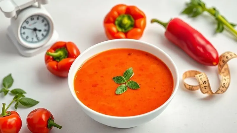 A professional, photorealistic flat lay image of a vibrant red bell pepper cream soup in a minimalist white bowl, surrounded by fresh, colorful bell peppers, a small kitchen scale, and a measuring tape subtly integrated into the background. The scene is lit with soft, natural light, emphasizing freshness and health. Sharp focus on the soup and ingredients, with a shallow depth of field. 8K, shot on a high-end DSLR.