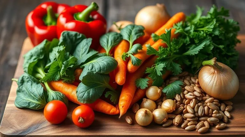 photorealistic, professional photography, 8K, cinematic lighting, sharp focus, depth of field, shot on a high-end DSLR, a vibrant, colorful assortment of fresh, raw vegetables – red bell peppers, green spinach, orange carrots, yellow onions, and brown lentils – neatly arranged on a rustic wooden cutting board, ready for cooking. The lighting is soft and natural, emphasizing the freshness and texture of the produce.