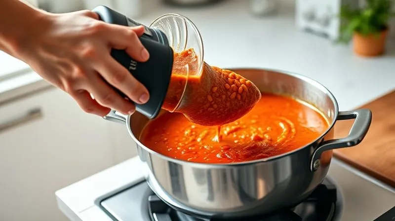 photorealistic, professional photography, 8K, cinematic lighting, sharp focus, depth of field, shot on a high-end DSLR, a hand holding an immersion blender, blending a portion of vibrant red lentil soup directly in a large stainless steel pot on a stove. The steam is rising, and the soup's creamy texture is becoming apparent. The kitchen background is clean and modern, with soft, natural light.