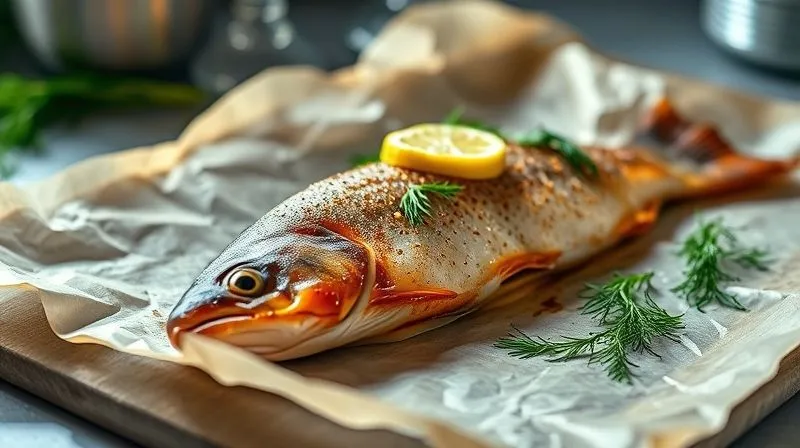 photorealistic, professional photography, 8K, cinematic lighting, sharp focus, depth of field, shot on a high-end DSLR: A perfectly baked trout fillet on a sheet of parchment paper, golden-brown and flaky, garnished with fresh dill and lemon slices, steam gently rising, in a modern, clean kitchen setting.